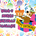 Bear-y Merry birthday package at Jellystone Park in South Haven Michigan featuring Yogi Bear with cake and colorful birthday balloons