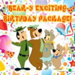 Bear-y Exciting birthday package at Jellystone Park South Haven Michigan featuring Yogi Bear characters with colorful balloons and party decorations