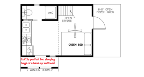 Lil Bear Cottage Floorplan Layout Lil Bear Cottage floorplan showing queen bed, loft sleeping area, kitchenette, bathroom, and porch