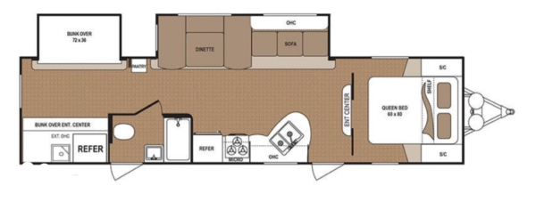 Premium RV rental with child’s cabin floorplan showing queen bedroom, bunk beds, kitchen, living area, and bathroom layout