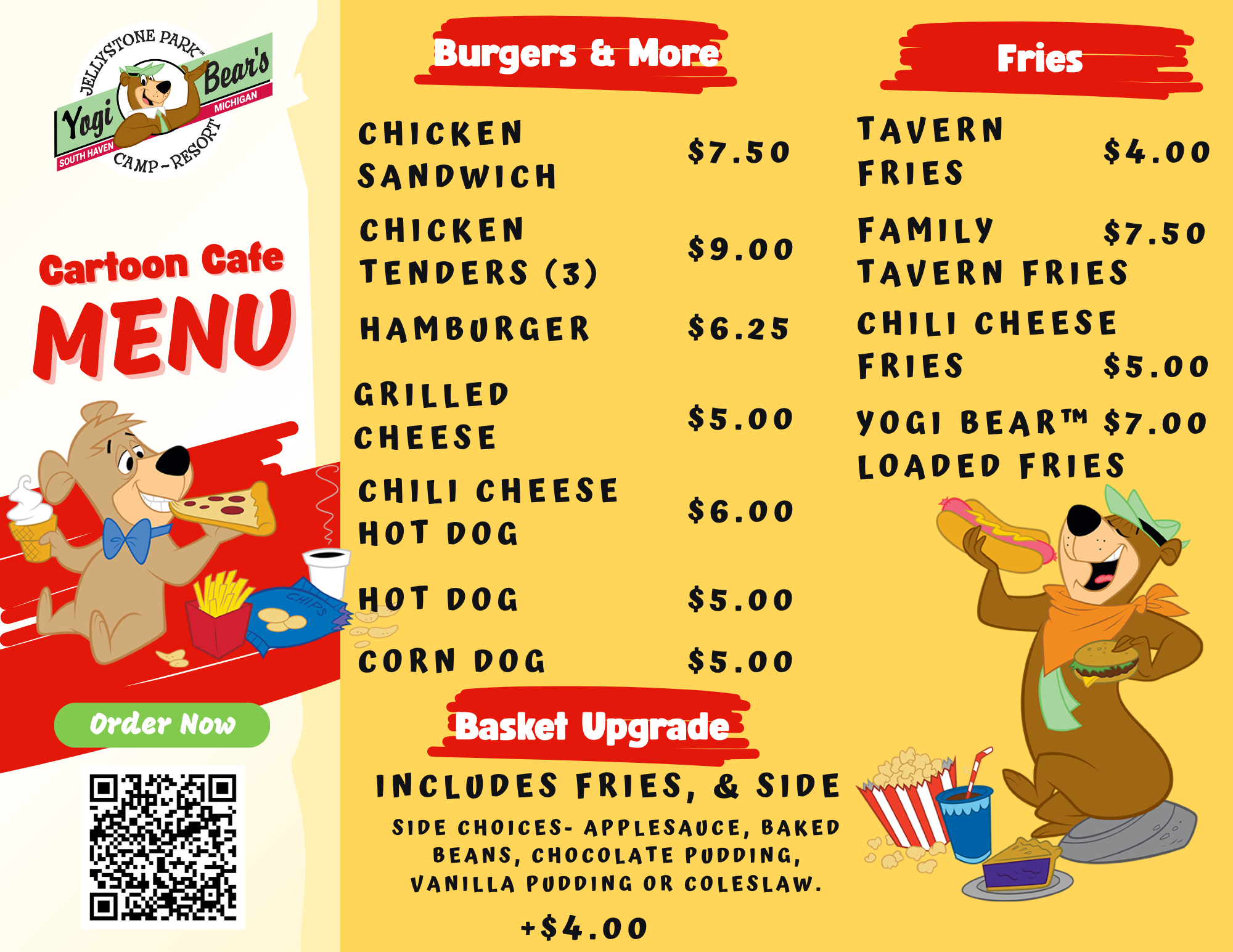 Burgers & Fries Menu – Cartoon Café at Jellystone Park™ South Haven Burgers, hot dogs, chicken tenders and fries menu at Cartoon Café in Jellystone Park South Haven
