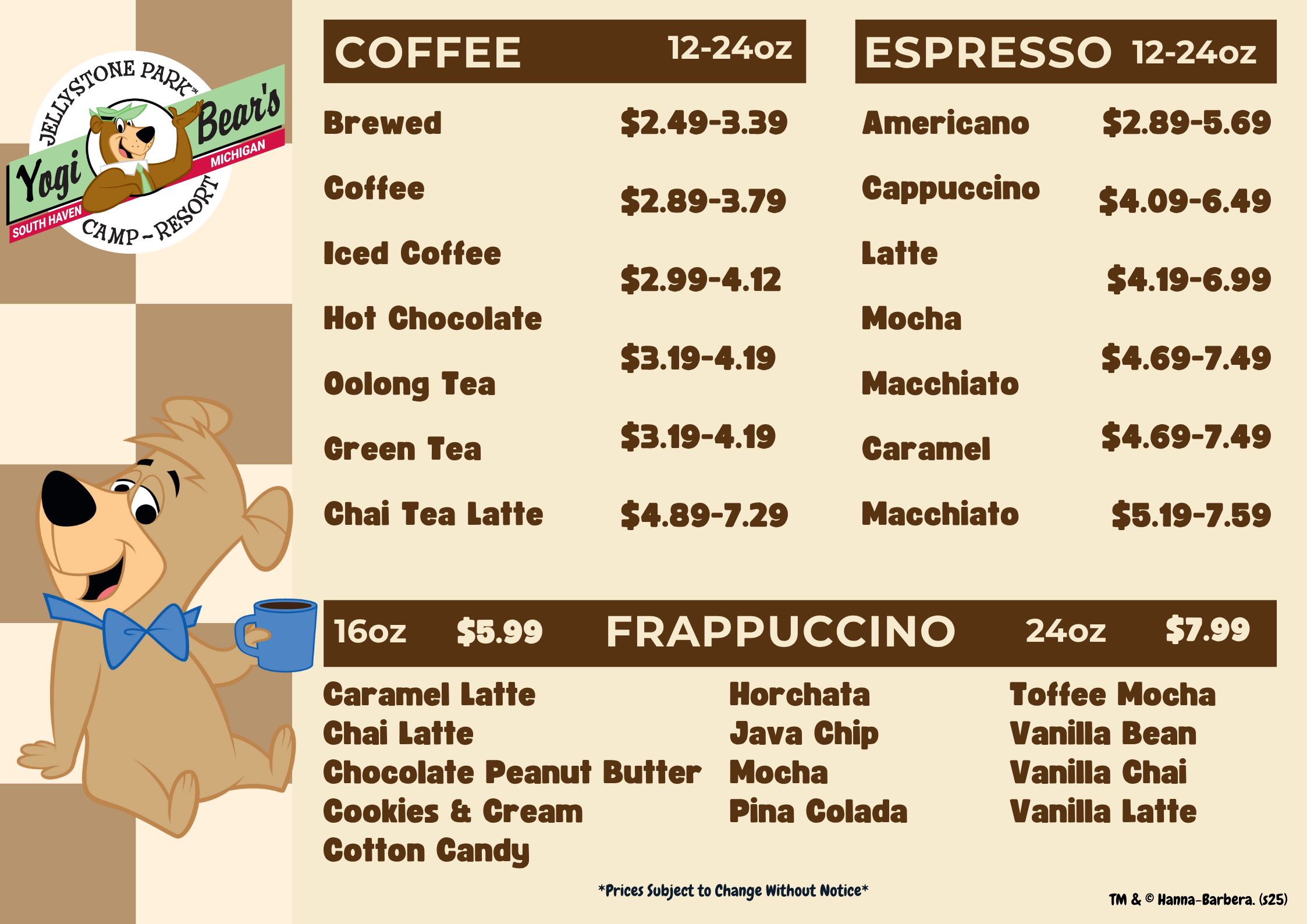 Cartoon Café Coffee and Espresso Menu Preview Coffee and espresso menu preview for Cartoon Café at Jellystone Park South Haven