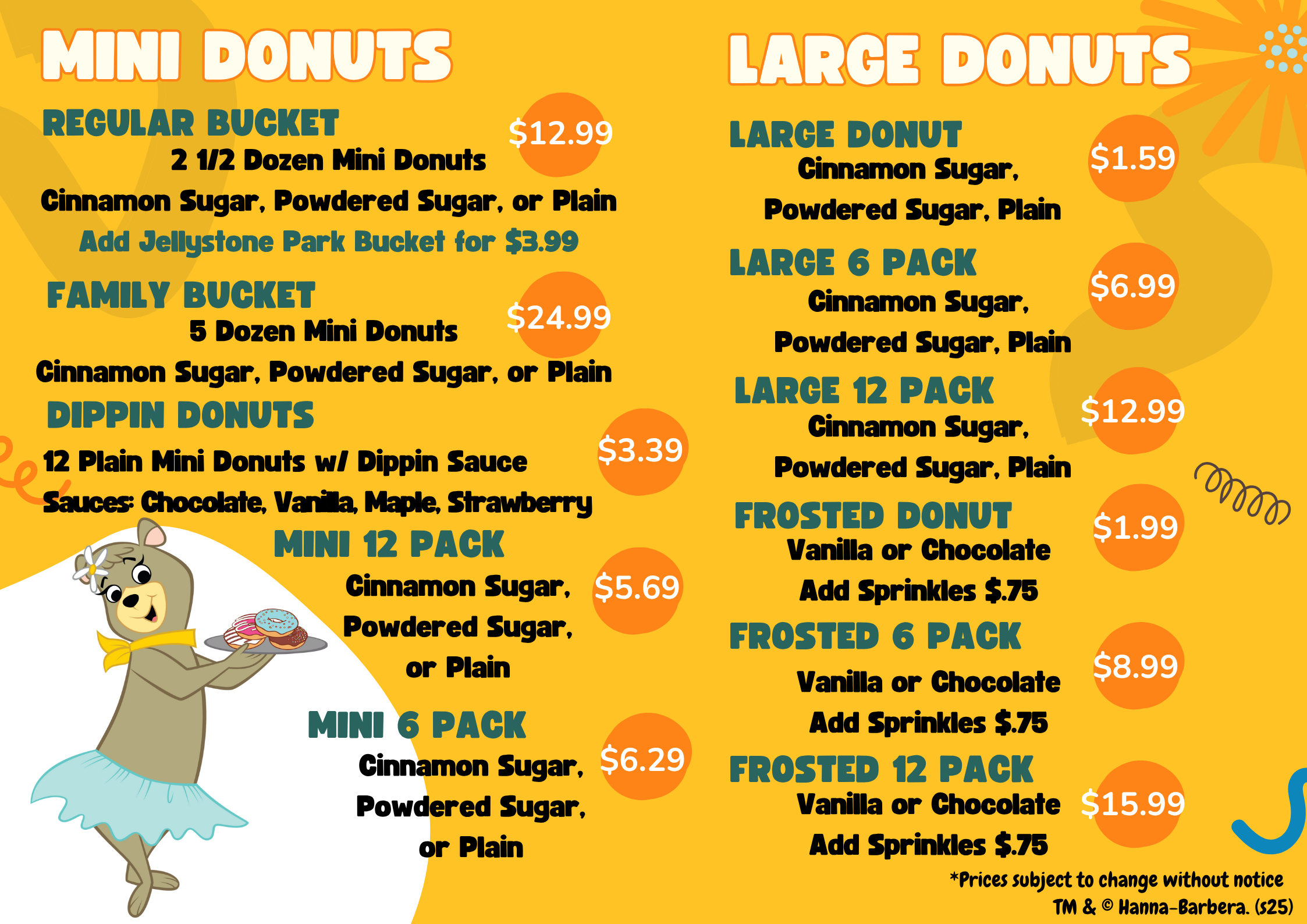 Donuts Menu – Cartoon Café at Jellystone Park™ South Haven™ South Haven Mini donuts and large donuts menu at Cartoon Café in Jellystone Park South Haven