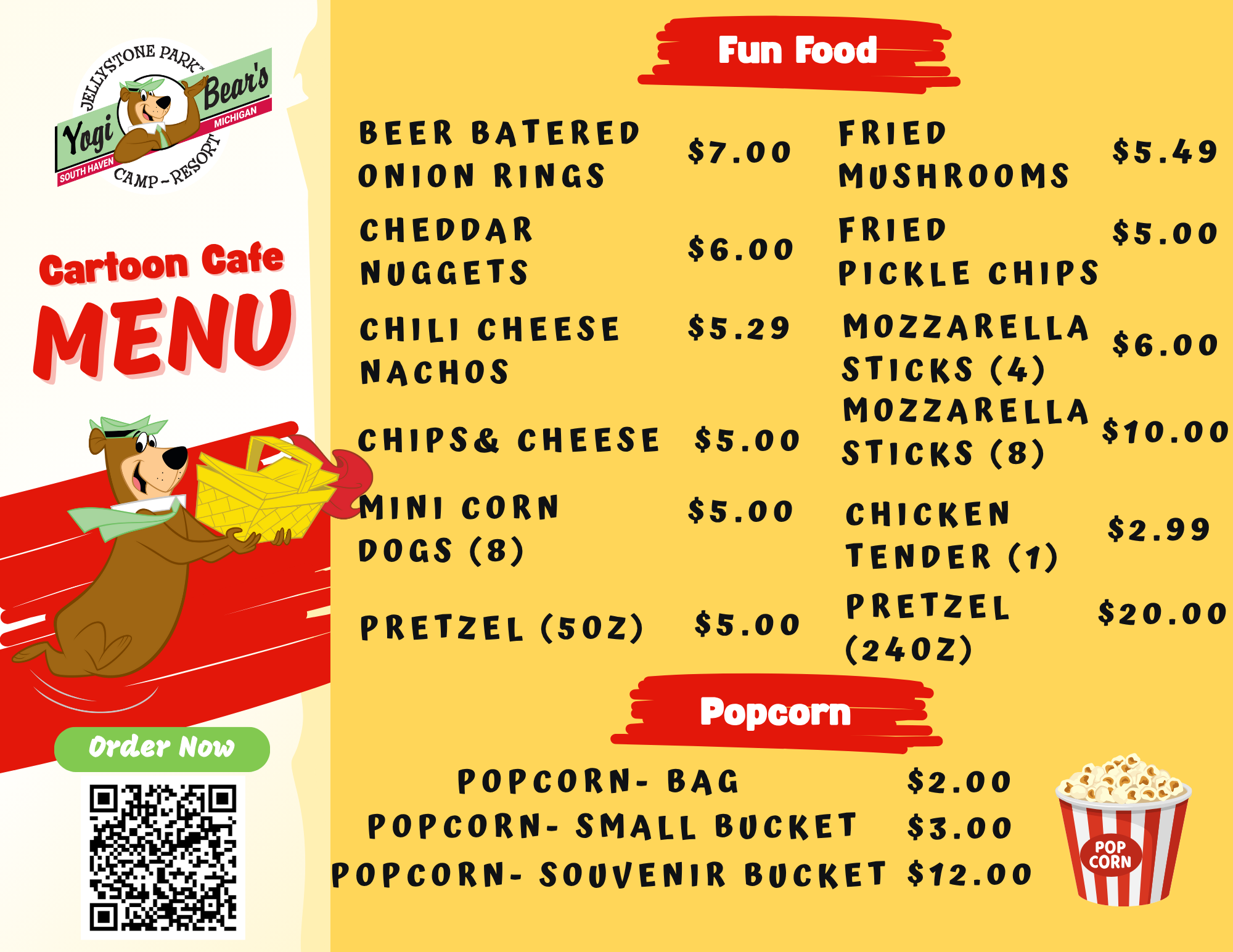 Fun Food Menu – Cartoon Café at Jellystone Park™ South Haven Fun food menu at Cartoon Café in Jellystone Park South Haven with corn dogs, nuggets, fries and snacks