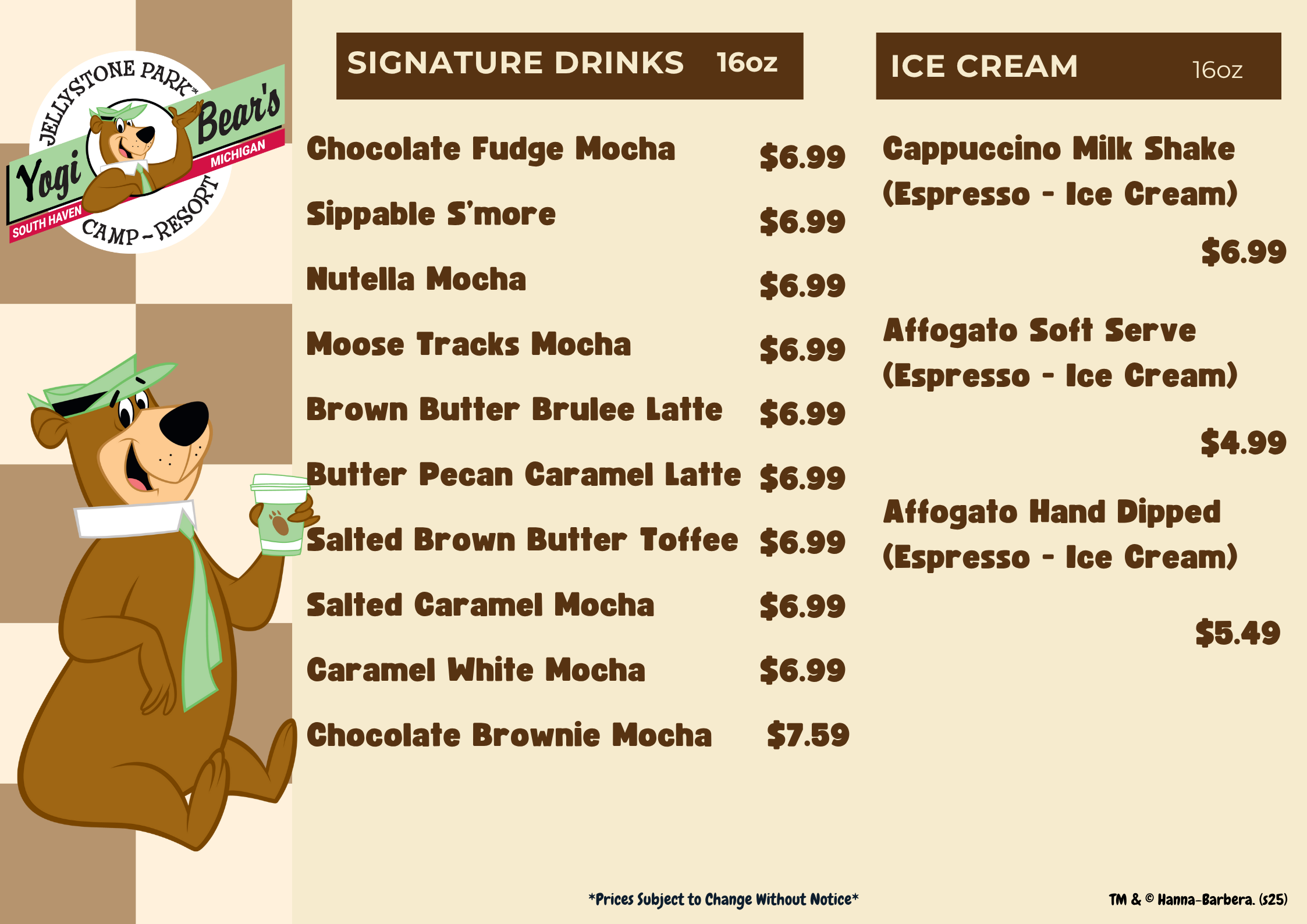 Signature Drinks & Ice Cream Menu – Cartoon Café at Jellystone Park™ South Haven Signature