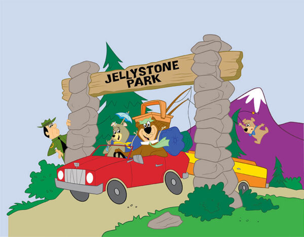 Yogi Bear and Cindy Bear driving into Jellystone Park South Haven for a family camping vacation