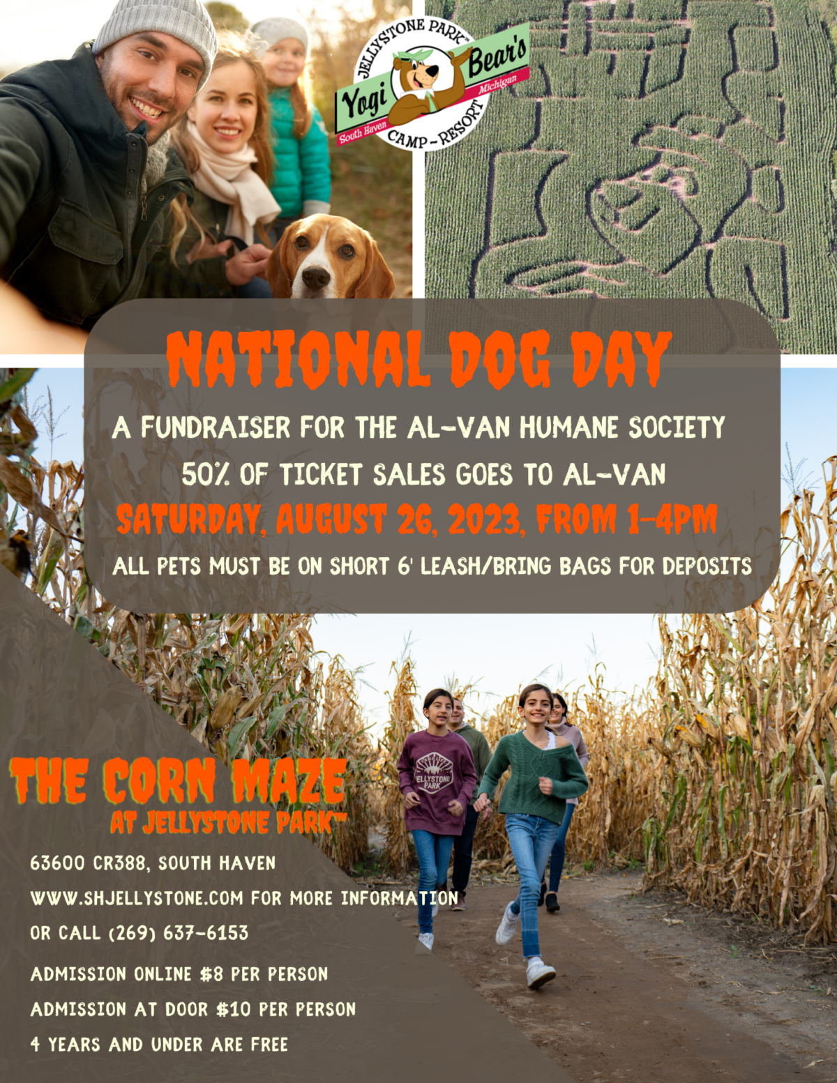 National Dog Day event at Jellystone Park corn maze with families and dogs in South Haven Michigan