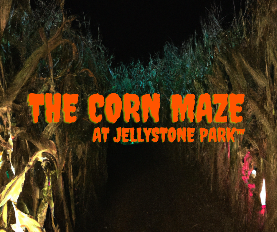 Night corn maze experience at Jellystone Park with illuminated paths and fall atmosphere