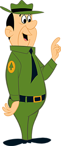 Ranger Smith character pointing while explaining campground rules at Jellystone Park South Haven
