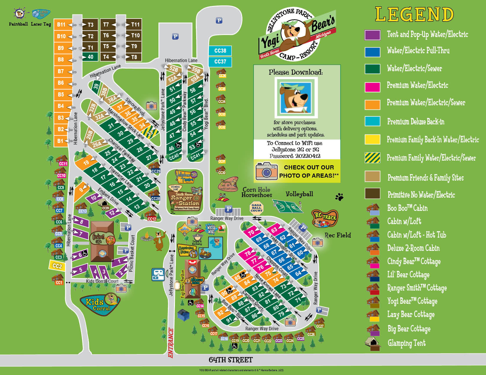 Property Map at Jellystone Park™ South Haven Property map showing campsites, cabins, amenities, and activity areas at Jellystone Park South Haven